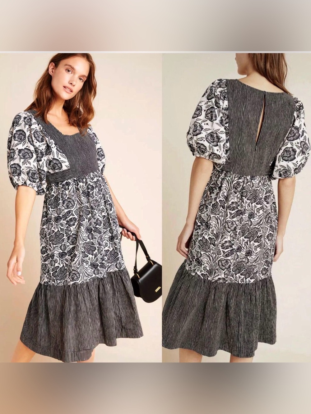 NWT Bloomingprint Black and White Floral-Striped Midi Dress